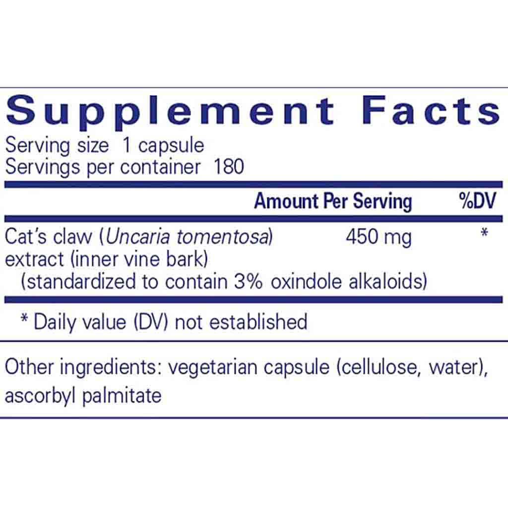 Supplement facts label for cat's claw extract capsules on a white background