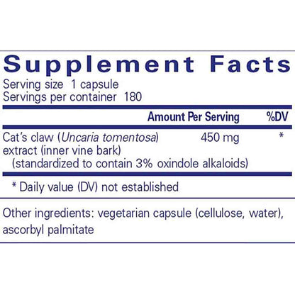 Supplement facts label for cat's claw extract capsules on a white background