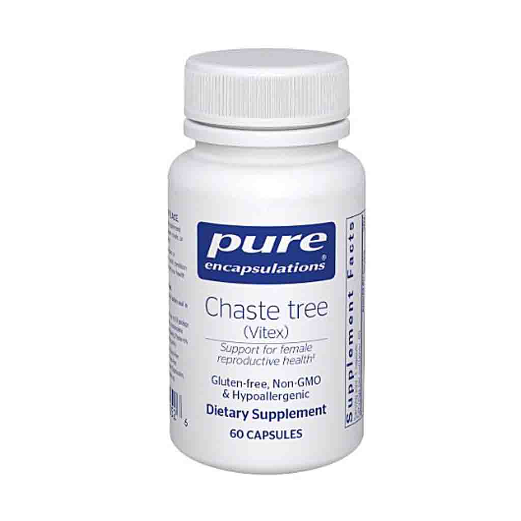 White bottle of Pure Encapsulations Chaste tree Vitex dietary supplement on a white background