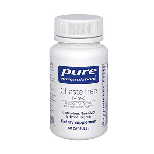 White bottle of Pure Encapsulations Chaste tree Vitex dietary supplement on a white background