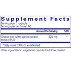 Supplement facts label for chaste tree extract capsules on a white background