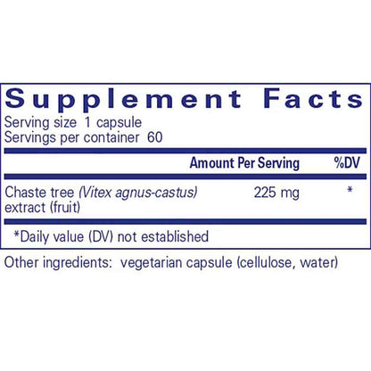 Supplement facts label for chaste tree extract capsules on a white background
