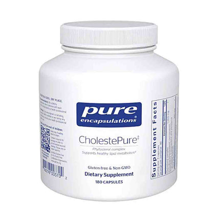 White supplement bottle labeled 'pure encapsulations CholestePure' on a white background