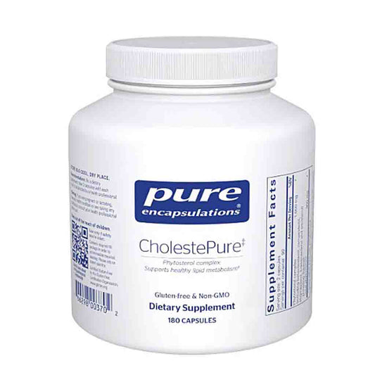 White supplement bottle labeled 'pure encapsulations CholestePure' on a white background
