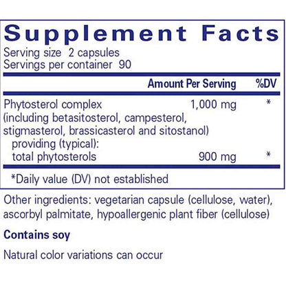 Supplement facts label with phytosterol complex details on a white background
