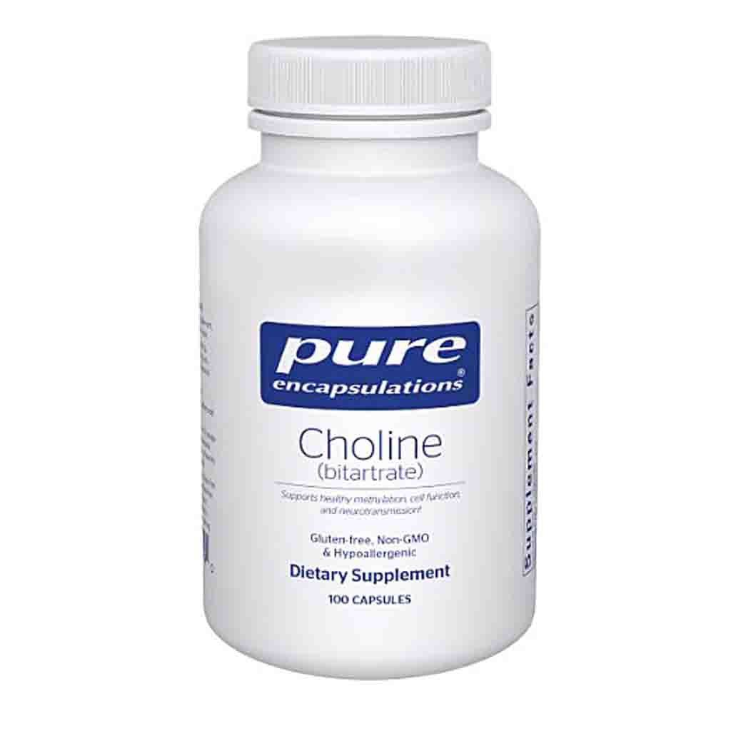White supplement bottle labeled 'pure encapsulations Choline' on a white background