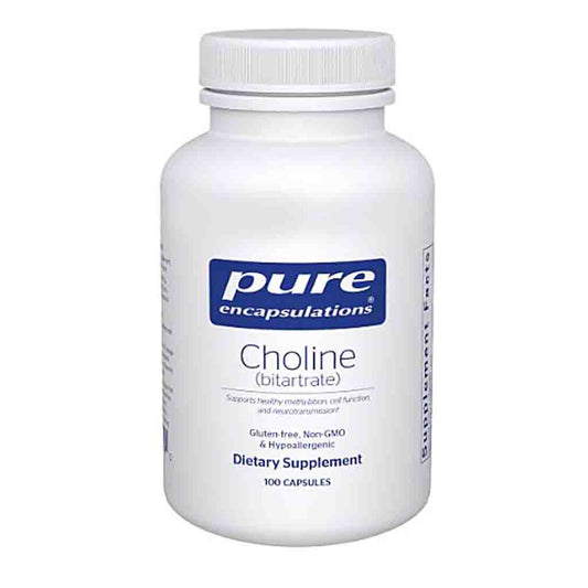 White supplement bottle labeled 'pure encapsulations Choline' on a white background
