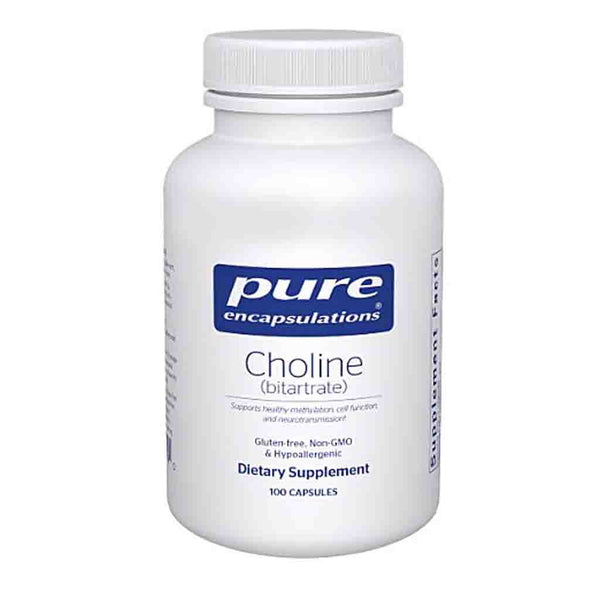 White supplement bottle labeled 'pure encapsulations Choline' on a white background