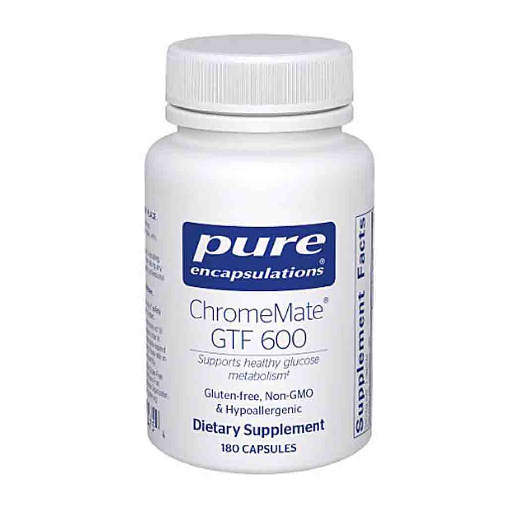 Supplement bottle labeled 'ChromeMate GTF 600' by pure encapsulations on a white background