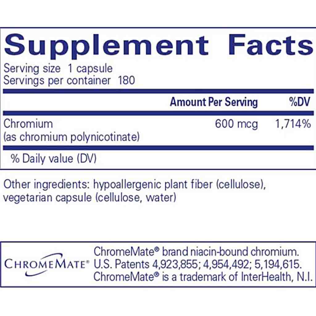 Supplement facts label for a chromium supplement with serving size, servings per container, and ingredient list.