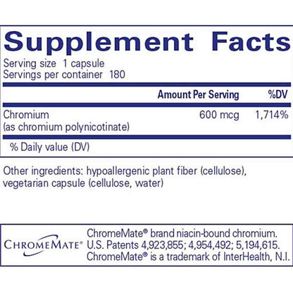 Supplement facts label for a chromium supplement with serving size, servings per container, and ingredient list.