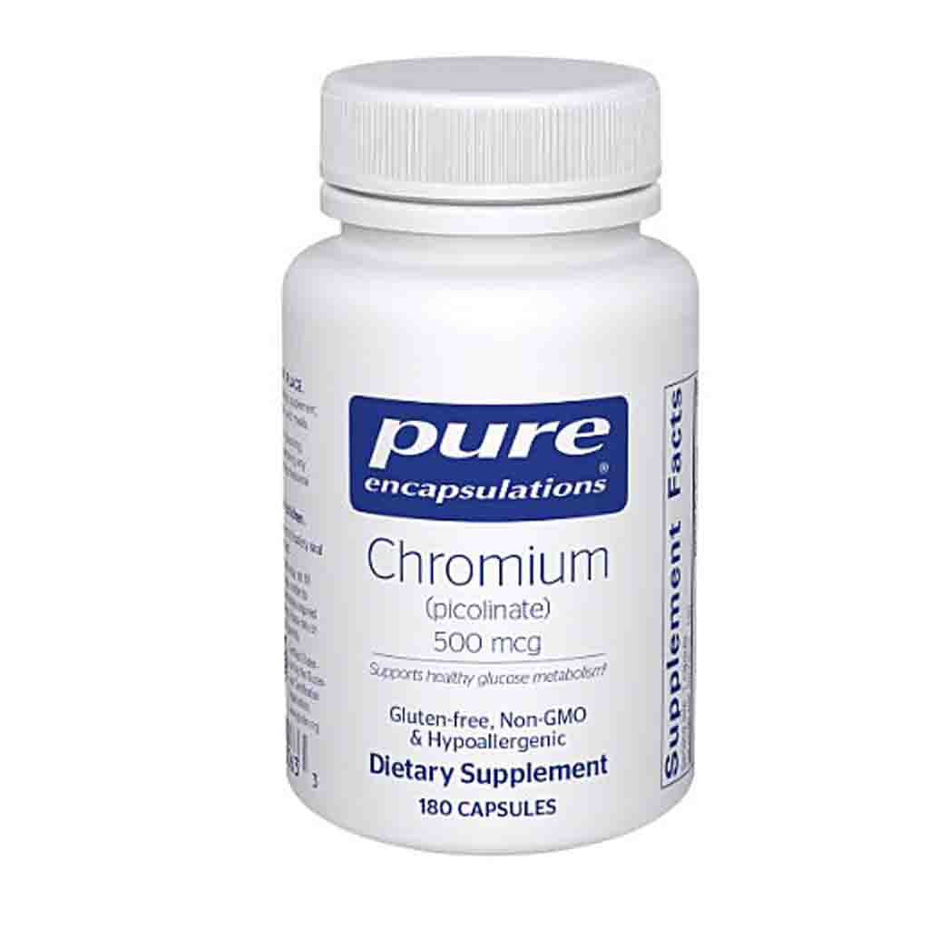 Supplement bottle labeled 'pure encapsulations Chromium' on a white background