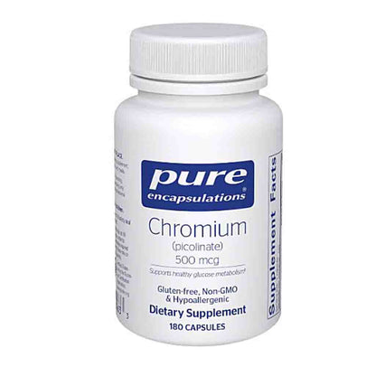 Supplement bottle labeled 'pure encapsulations Chromium' on a white background