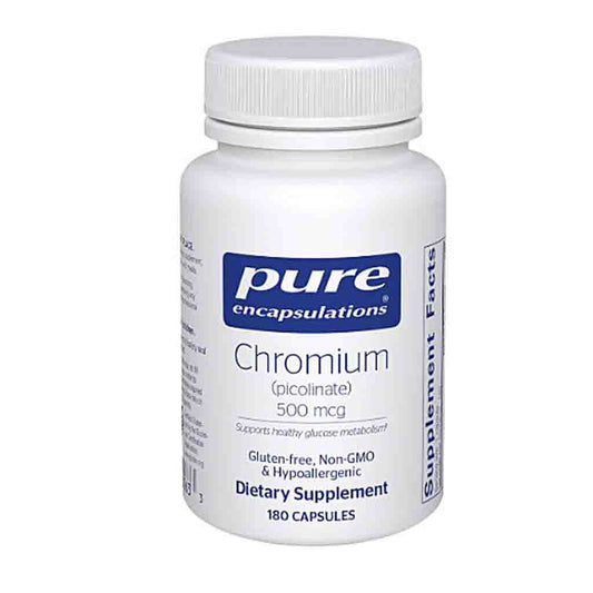Supplement bottle labeled 'pure encapsulations Chromium' on a white background