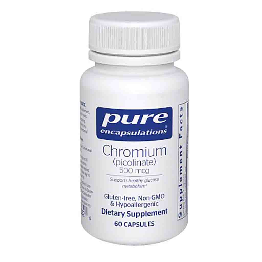 Supplement bottle labeled 'pure encapsulations Chromium' on a white background