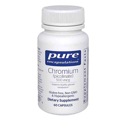 Supplement bottle labeled 'pure encapsulations Chromium' on a white background