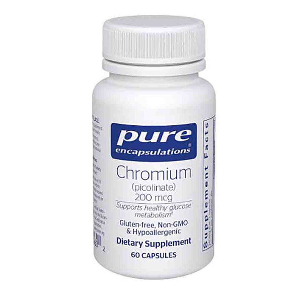 Supplement bottle labeled 'pure encapsulations Chromium' on a white background