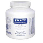 White supplement container labeled 'pure encapsulations' with CLA dietary supplement on a white background