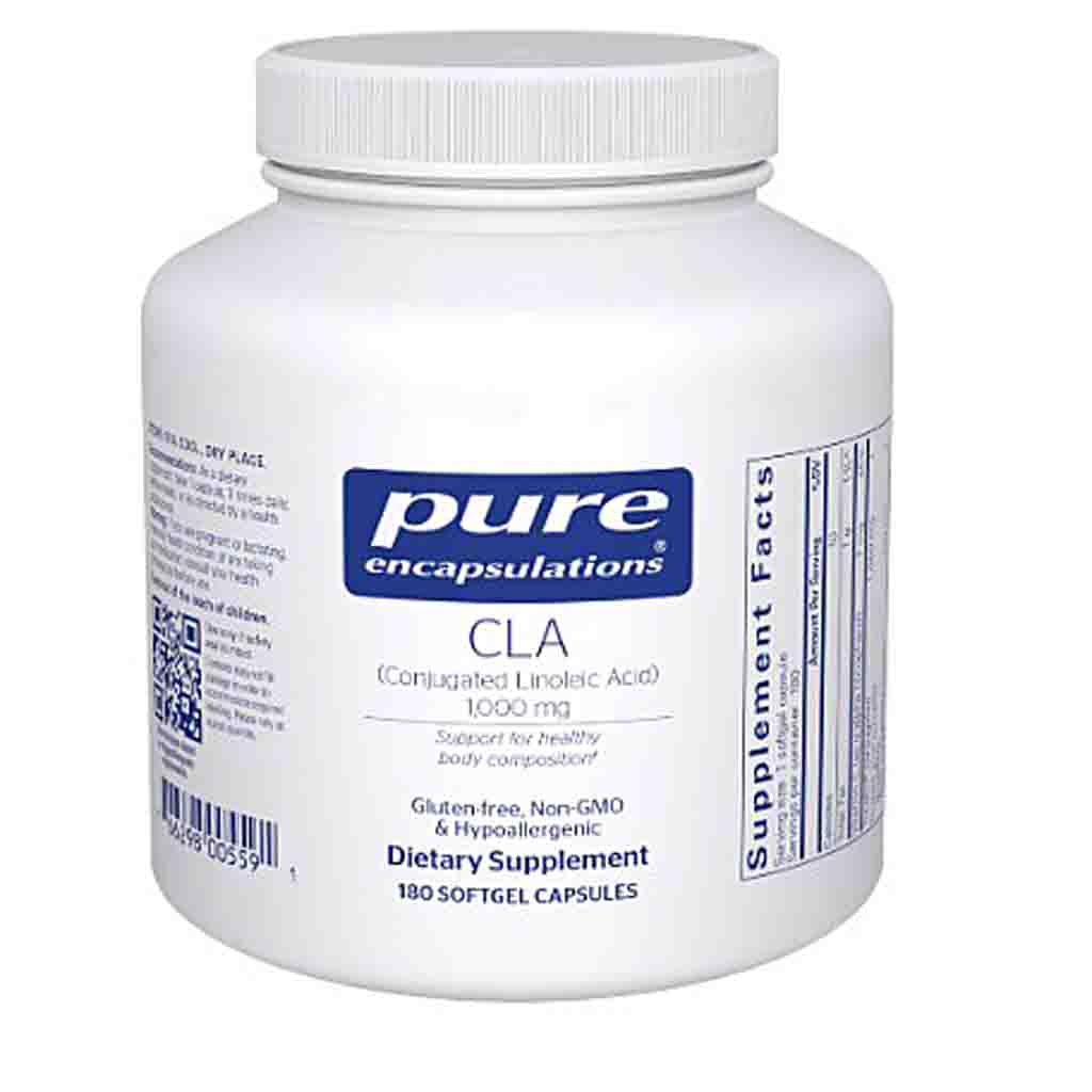 White supplement container labeled 'pure encapsulations' with CLA dietary supplement on a white background