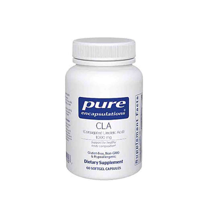 White bottle of pure encapsulations CLA supplement on a white background