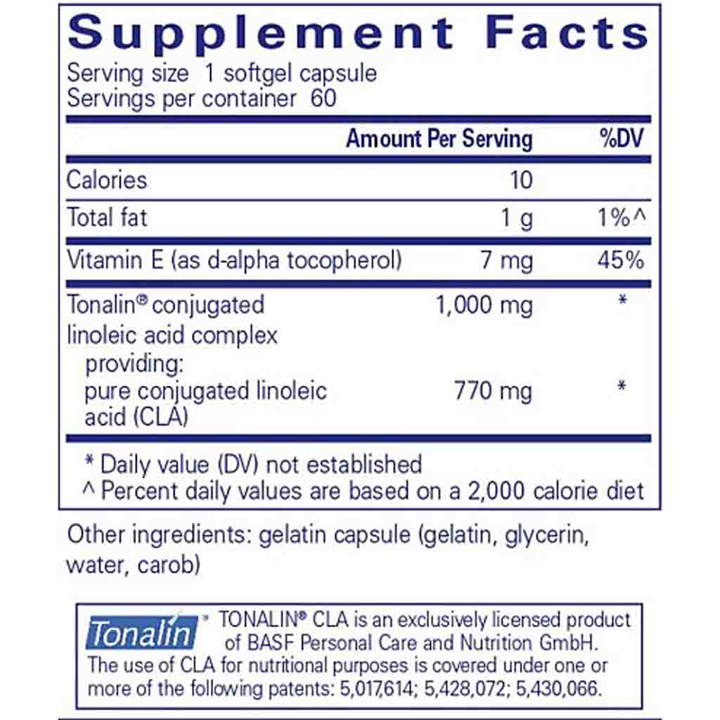 Supplement facts label for a product containing TONALIN CLA.