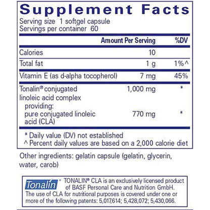 Supplement facts label for a product containing TONALIN CLA.
