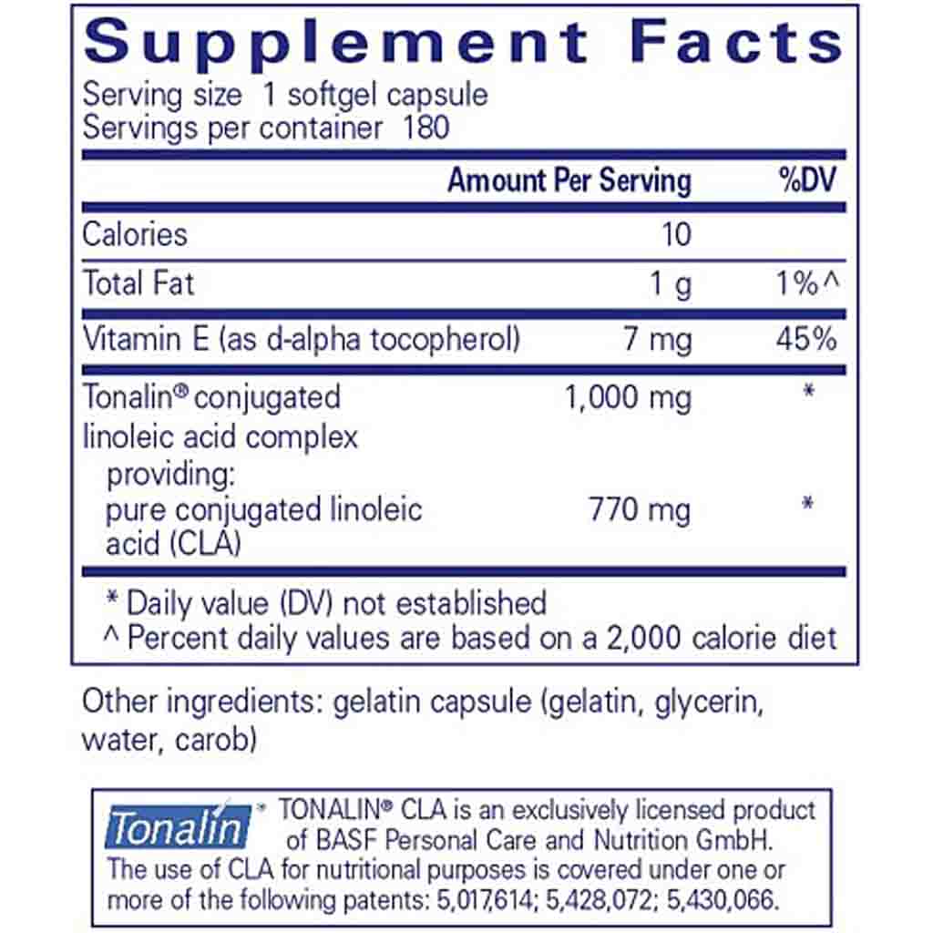 Supplement facts label for a product containing Tonalin CLA.