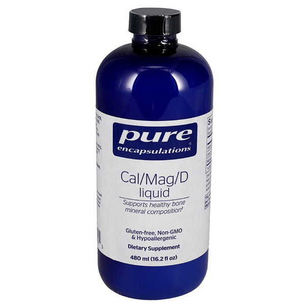 Blue bottle of pure encapsulations Cal/Mag/D liquid on a white background