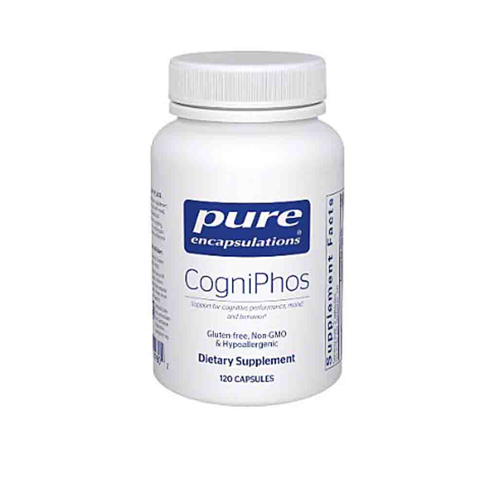 Supplement bottle labeled 'CogniPhos' by Pure Encapsulations on a white background