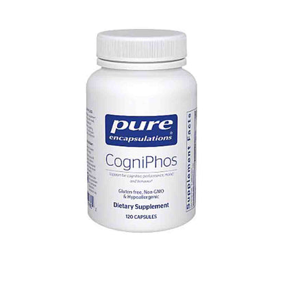 Supplement bottle labeled 'CogniPhos' by Pure Encapsulations on a white background