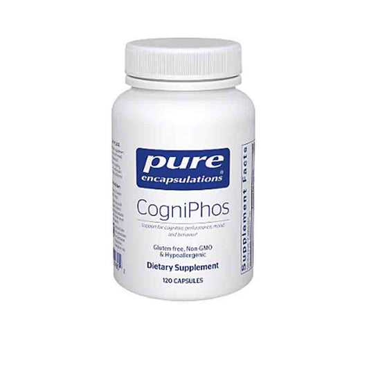 Supplement bottle labeled 'CogniPhos' by Pure Encapsulations on a white background