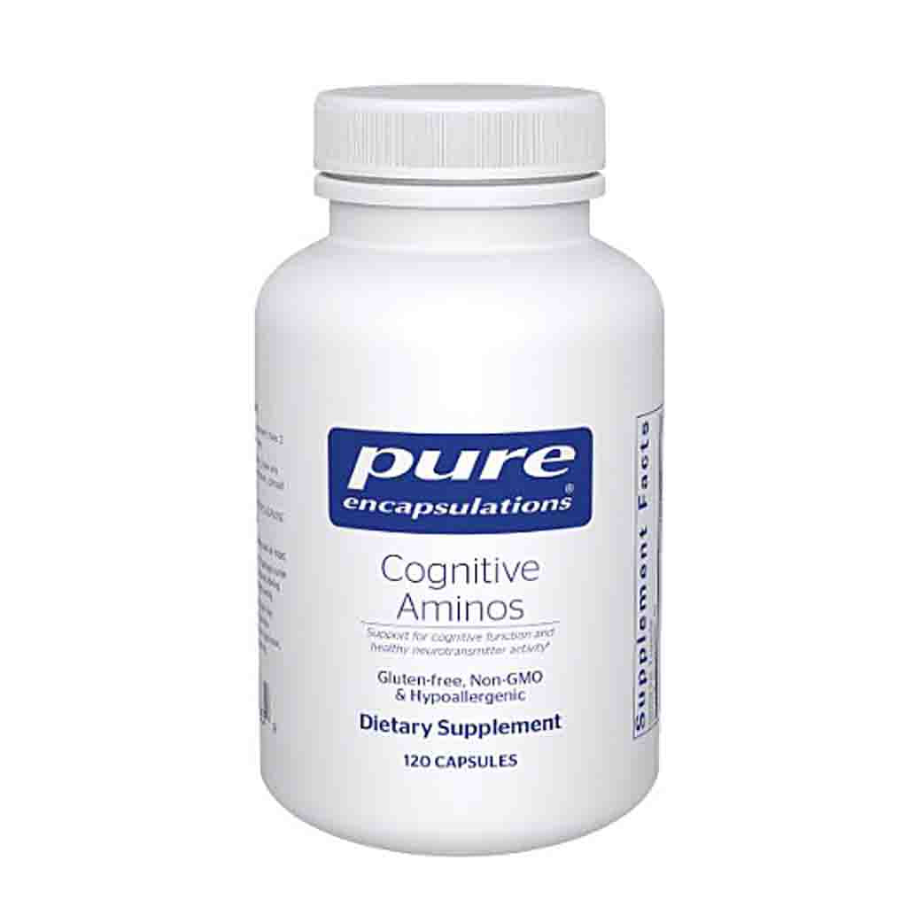 White supplement bottle labeled 'pure encapsulations Cognitive Aminos' on a white background