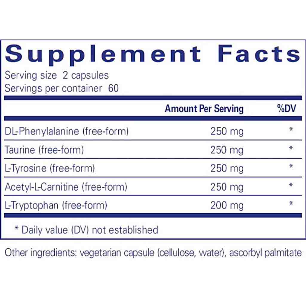 Supplement facts label with various amino acids and their amounts per serving.