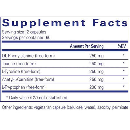 Supplement facts label with various amino acids and their amounts per serving.
