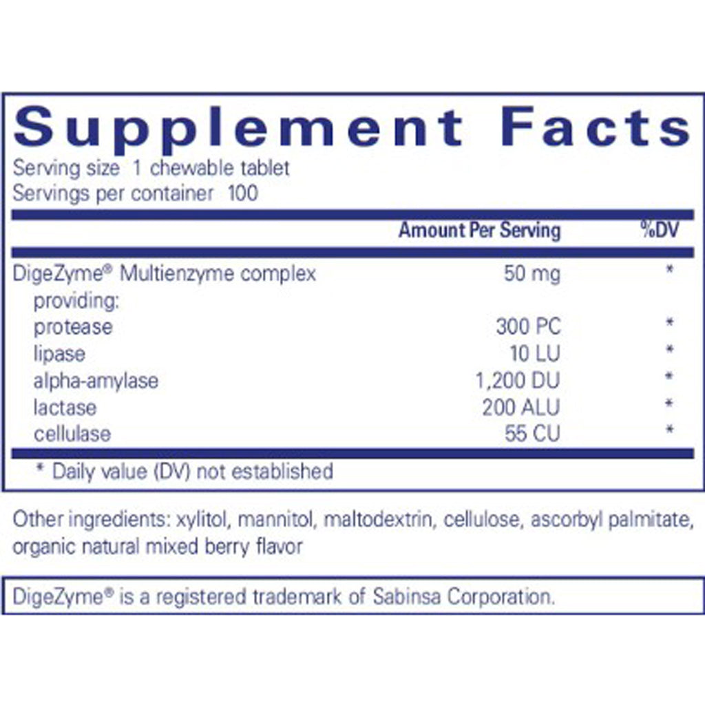 Supplement facts label for DigeZyme multienzyme complex on a white background