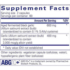 Supplement facts label for aged fermented black garlic with ABG10+ branding.