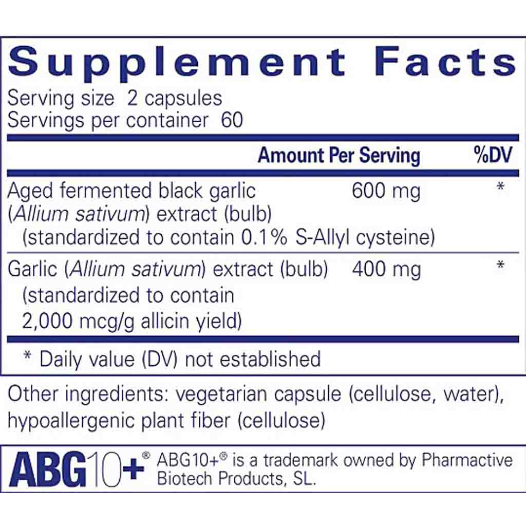 Supplement facts label for aged fermented black garlic with ABG10+ branding.
