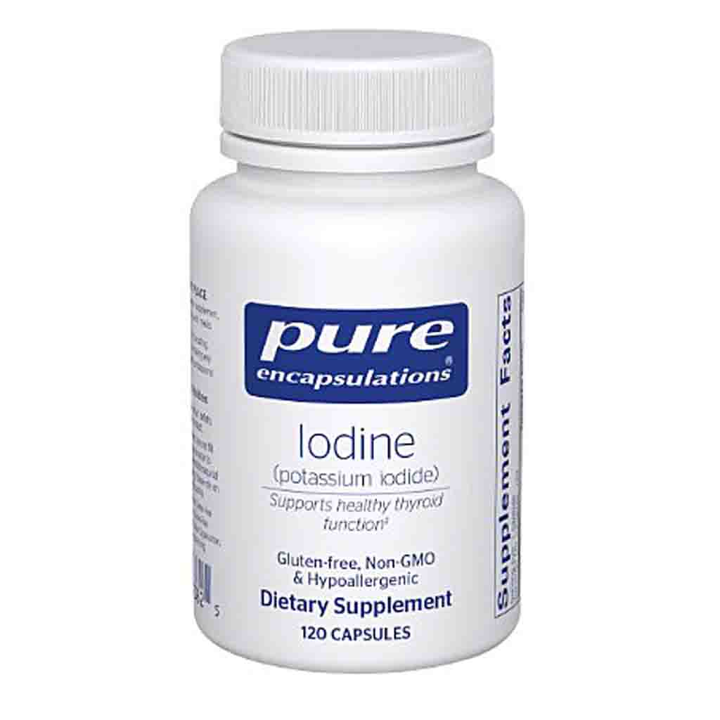 White bottle of Pure Encapsulations Iodine supplement on a white background