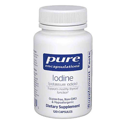 White bottle of Pure Encapsulations Iodine supplement on a white background