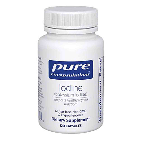 White bottle of Pure Encapsulations Iodine supplement on a white background