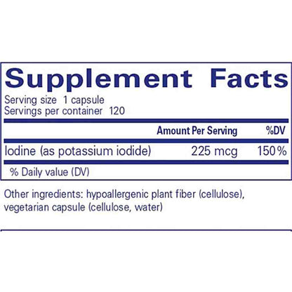 Supplement facts label with iodine content and other ingredients on a white background