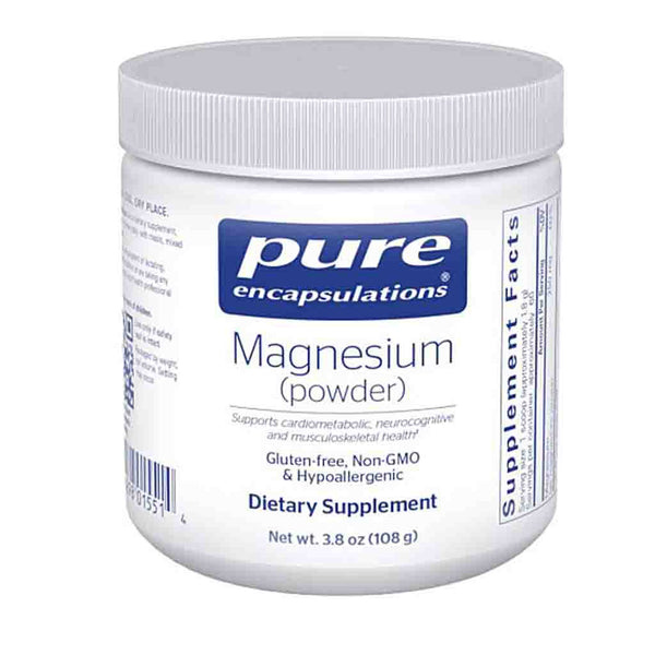Jar of Pure Encapsulations magnesium powder on a white background