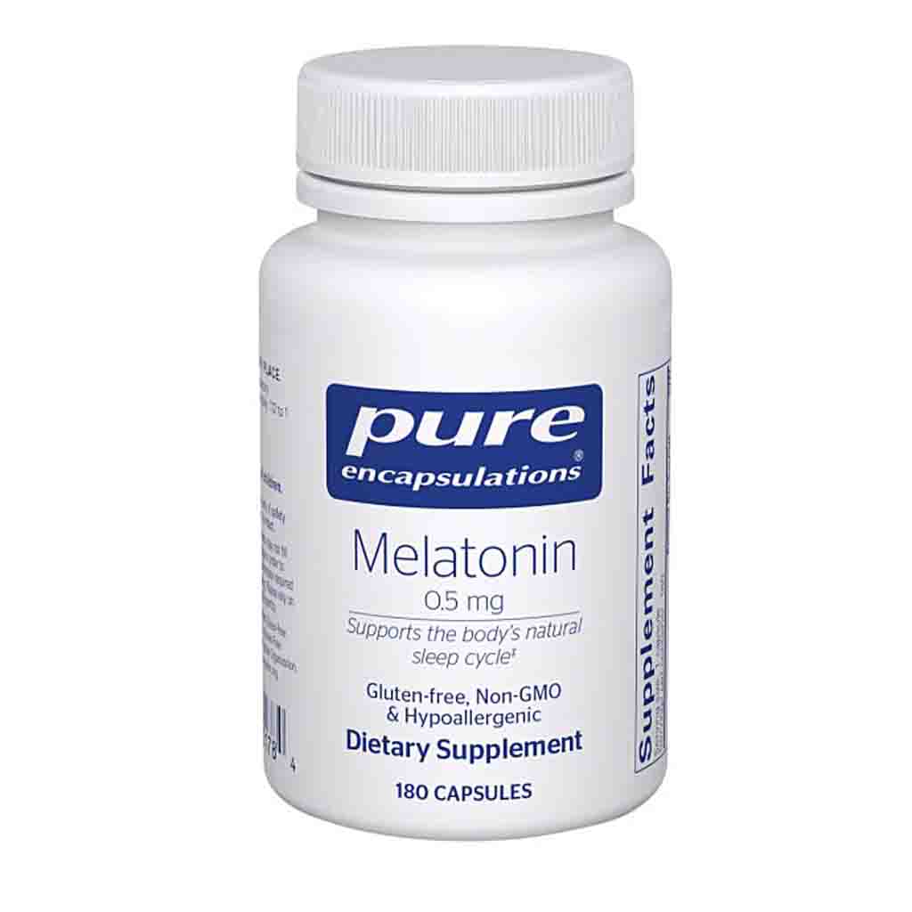 Bottle of Pure Encapsulations Melatonin dietary supplement on a white background