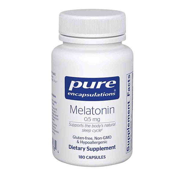 Bottle of Pure Encapsulations Melatonin dietary supplement on a white background