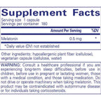 Supplement label with melatonin content and warning information on a white background