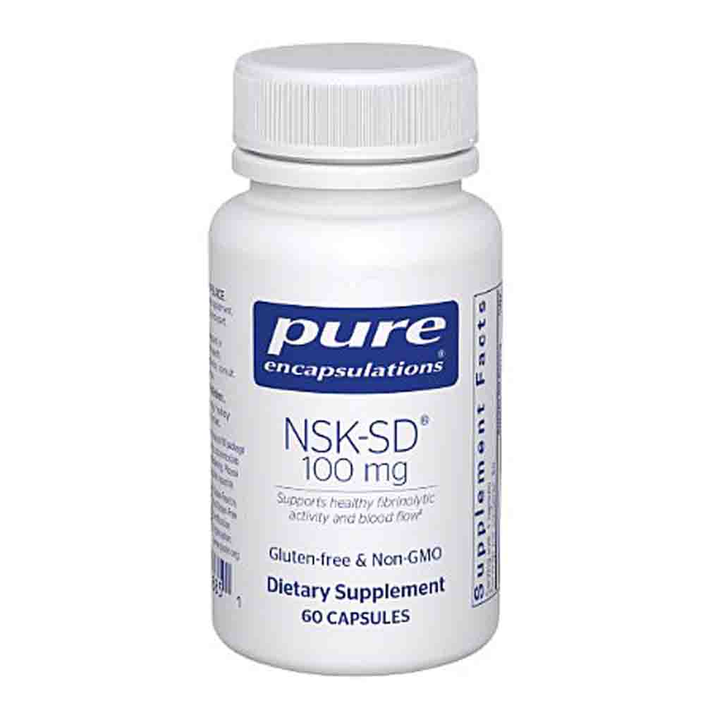 Supplement bottle labeled 'pure encapsulations NSK-SD 100 mg' on a white background