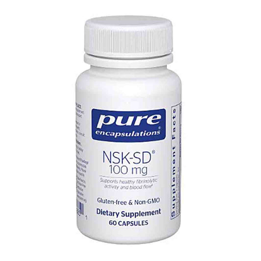 Supplement bottle labeled 'pure encapsulations NSK-SD 100 mg' on a white background