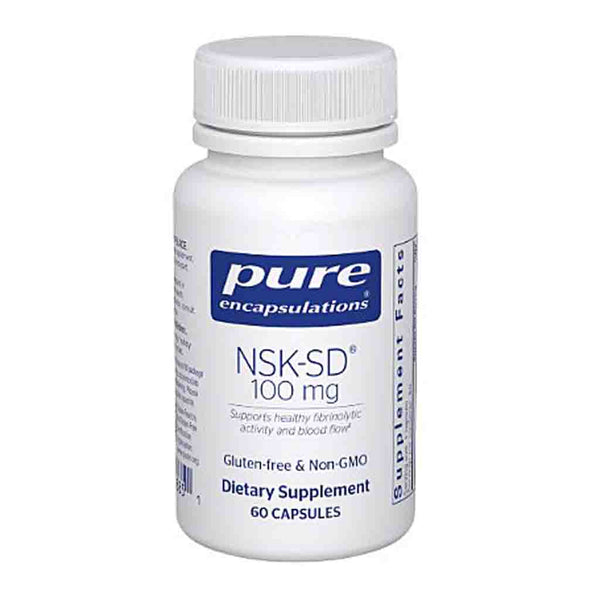 Supplement bottle labeled 'pure encapsulations NSK-SD 100 mg' on a white background