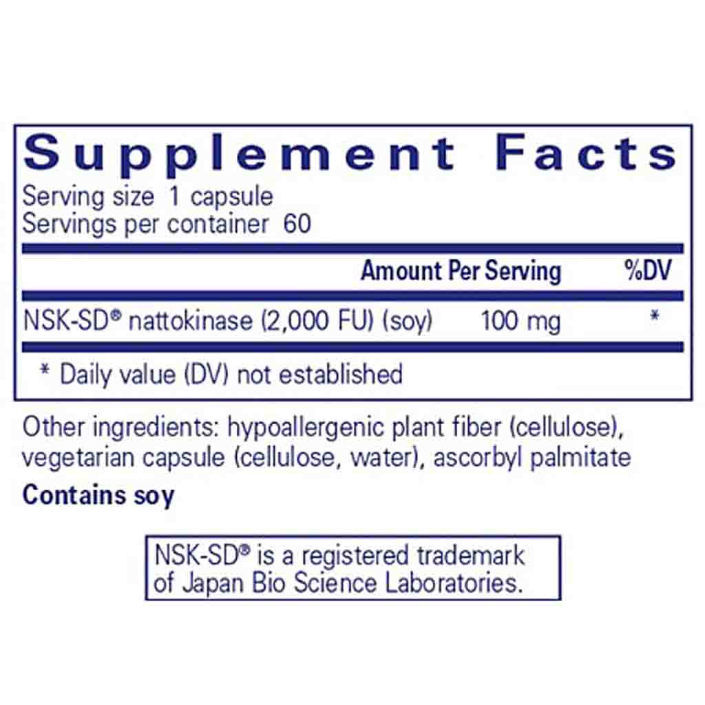 Supplement facts label for NSK-SD nattokinase capsules on a white background