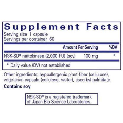 Supplement facts label for NSK-SD nattokinase capsules on a white background